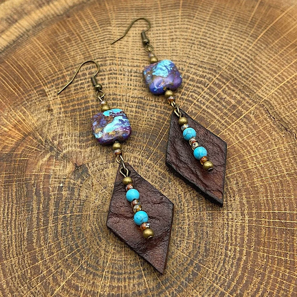 Leather Gemstone Dangle Earrings Bronze Infused Turquoise Picasso Antique Brass